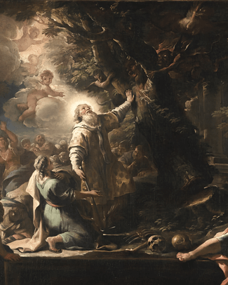 Фрагмент картины Паоло де Маттеиса «Святой Николай Барийский, срубающий дерево, заселенное демонами»